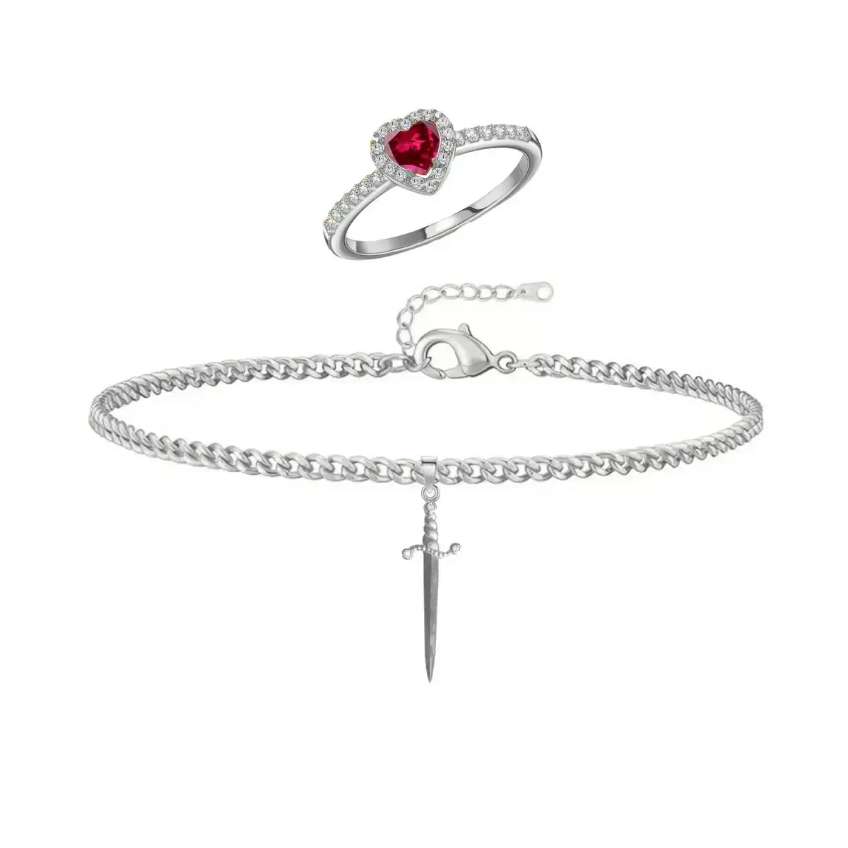 Couple Jewelry Set , Heart Ring & Sword Charm Bracelet for Him & Her,Promise Jewelry Set for Couples
