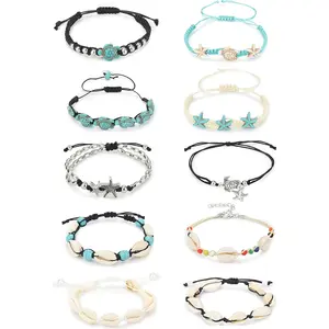 10 PCS Bohemian Summer Anklets for Women, Waterproof Handmade Turtle Starfish Shell Ankle Bracelets, Adjustable Beach Foot Jewelry,summerwins