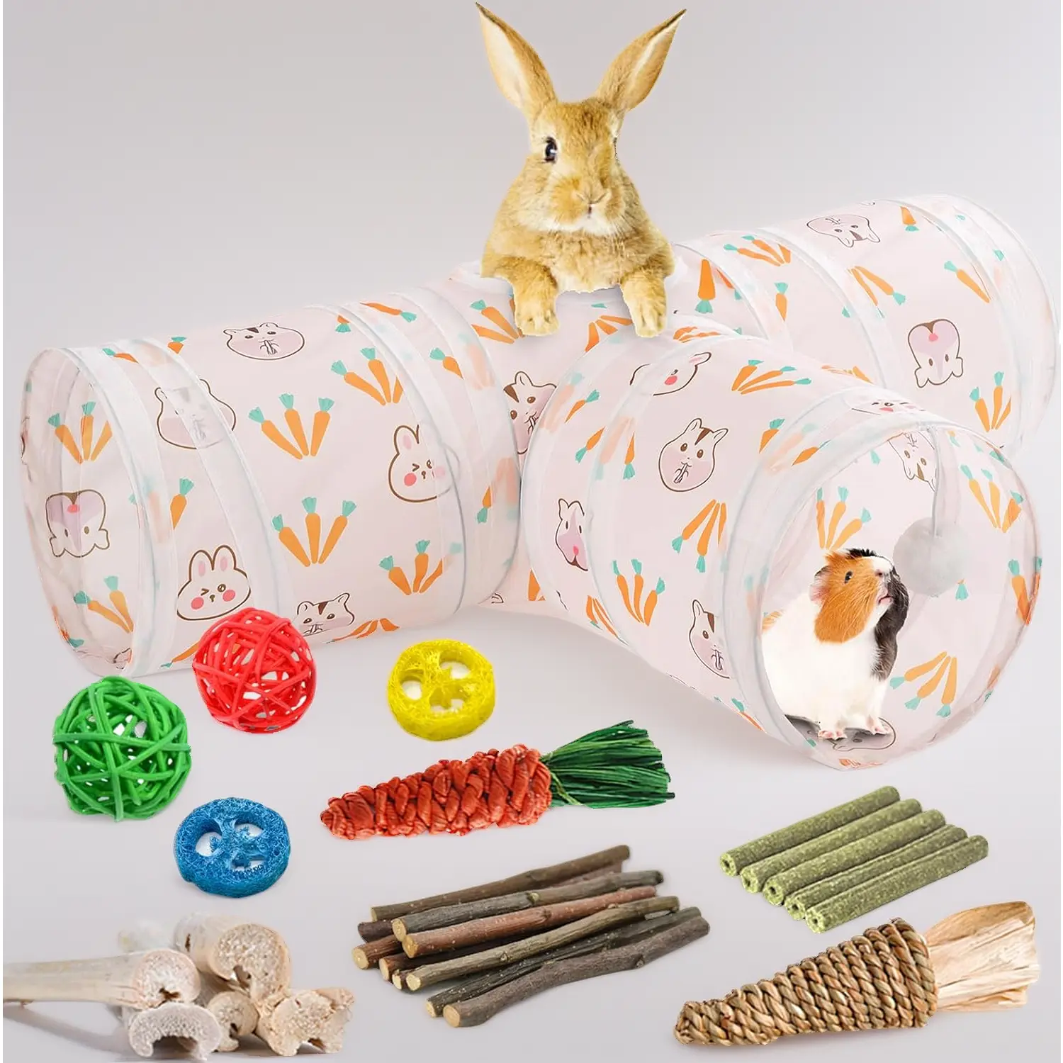 Collapsible 3-Way Fabric Tube Rabbit Hideout Tunnel with Chew Toys - Guinea Pig Cage Accessories for Bunny Playtime Fun, Three-Way