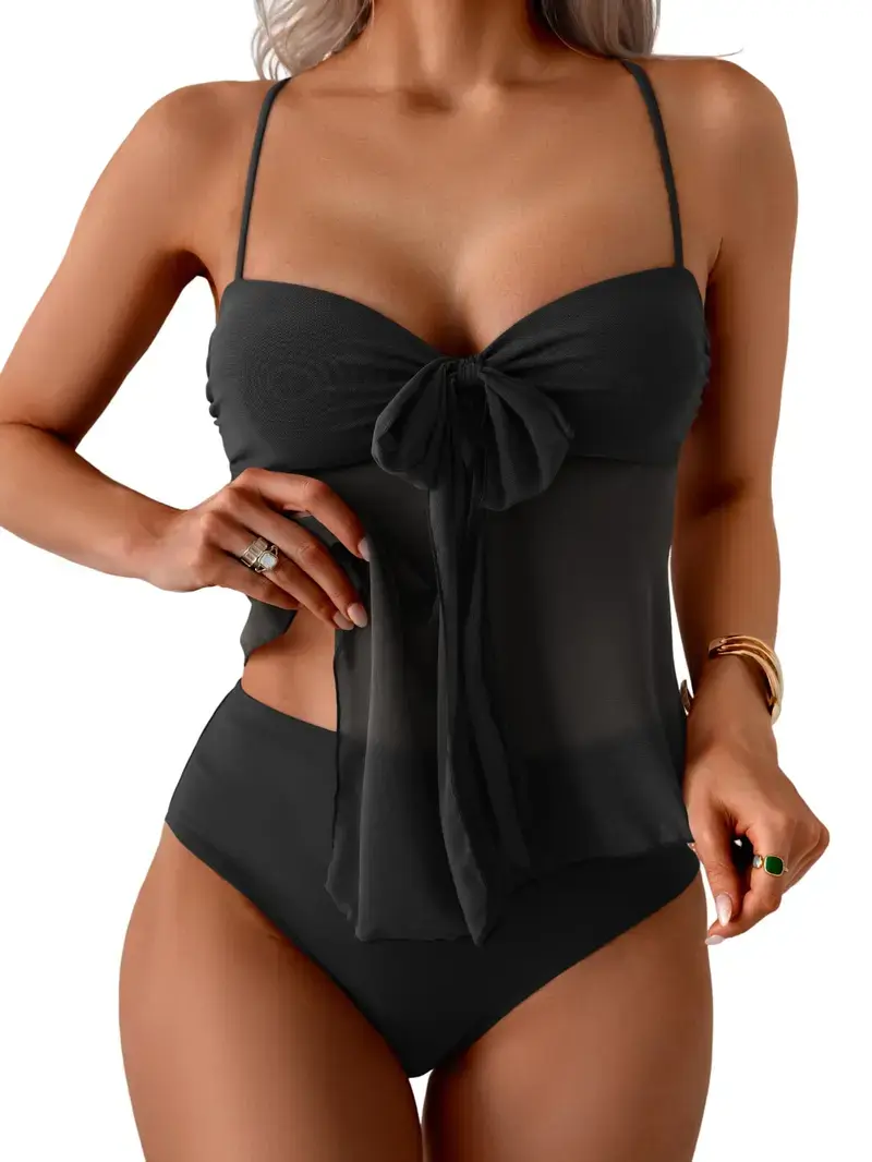 Women's Flowy Mesh 2-Piece Swimsuits with Tummy Control, Convertible Tie-Front Top and High-Waist Cut Bottoms, Tankini Swimsuit, Bathing Suits, Halter Top, Tankini Outfit Swimsuit, Swimwear Beach Outfits
