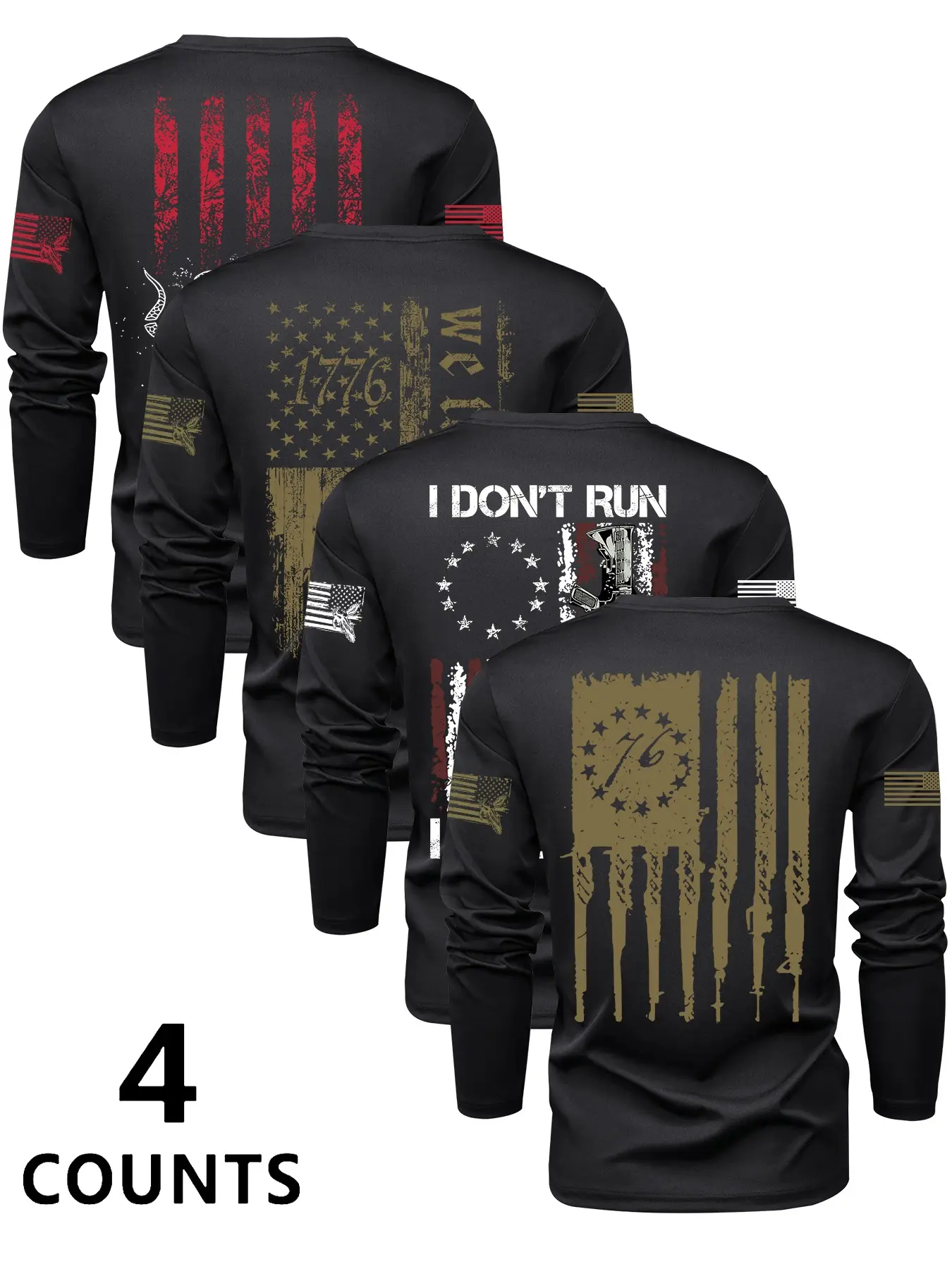 4-Piece Men's Flag Series Crew Neck Long Sleeve Graphic T-Shirts, Casual Outdoor Tees for Spring & Fall, Moderate-Weight Fabric Streetwear