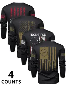 Men's Flag Series Crew Neck Long Sleeve Graphic Aesthetic Fitted T-Shirt Set, Casual Outdoor Tee for Spring & Fall, Moderate-Weight Fabric, 4-Piece Pack