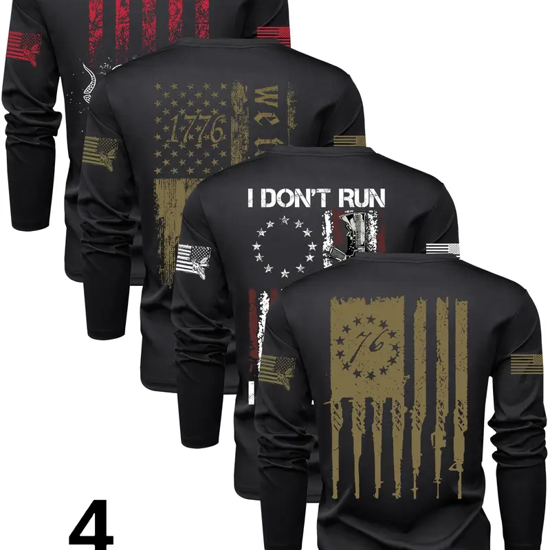4-Piece Men's Flag Series Crew Neck Long Sleeve Graphic T-Shirts Outdoor Tees for Spring & Fall, Moderate-Weight Fabric Streetwear Aesthetic, Graphic Tees Crewneck
