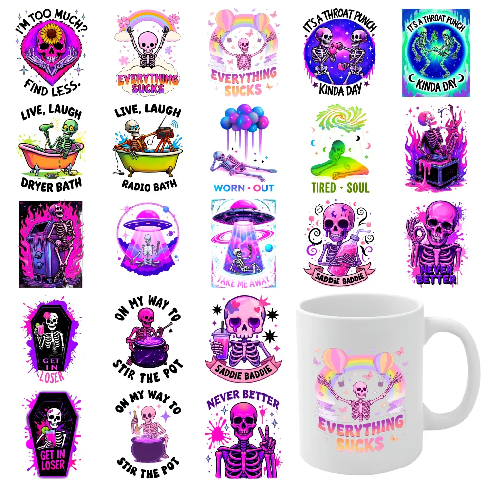 21 Pcs Skull Rainbow UV DTF Stickers Waterproof Rub on Transfers Cups Decoration Plastic Self-Adhesive Labels for 16 oz Tumbler Suitable for 16 oz Glass clock funny