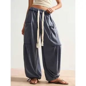 Boho Independence Day Casual Vacation Solid Color Knit Loose Pants For Women Fabric Fit