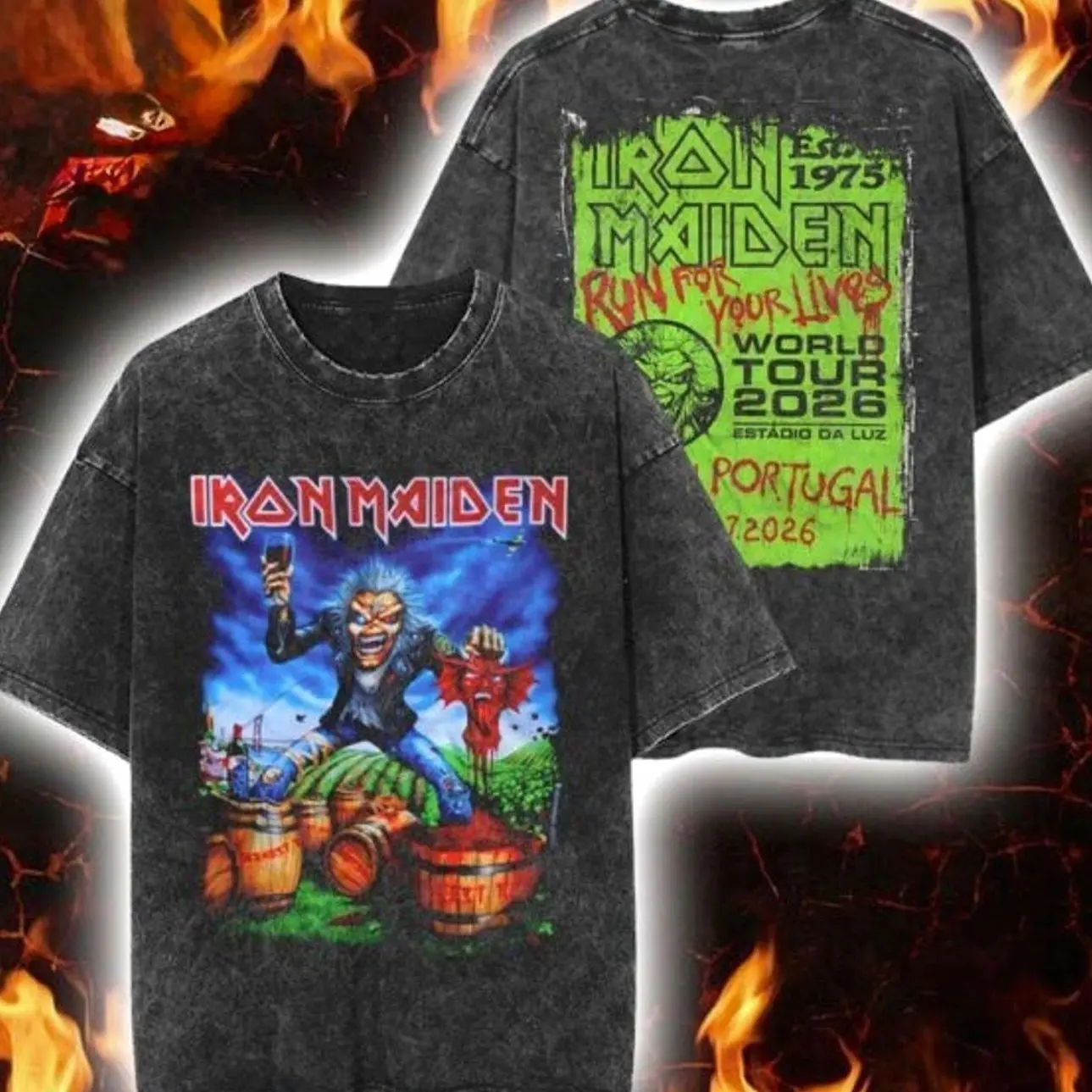Iron Maiden Lisbon Portugal 2026 Tour Exclusive Event Tee At Estadio Da Luz On 7 July 2026 Eddie The Winemaker Vintage Washed Tee IEW 1OC