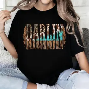 100 Percent Cotton Casual Boho Style T Shirt Darlin With Leopard And Turquoise Print Summer And Spring Wear Perfect Gift For Her # Darlin, # SouthernPride