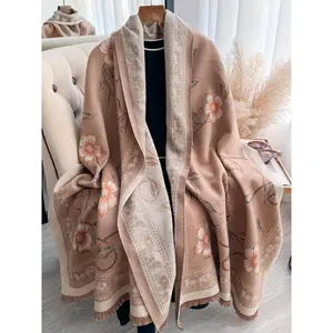 Women's Floral Pattern Fringe Trim Long Scarf, Double Sided Thickened Imitation Cashmere Scarf, Casual Soft Warm Shawl for Fall & Winter, Fashion Accessories for Daily Wear