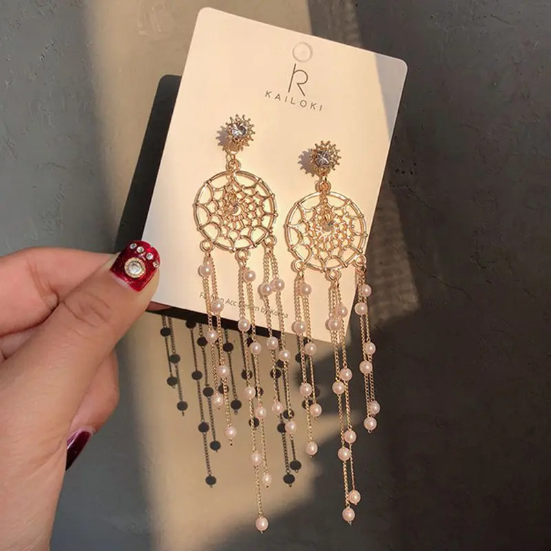 Dreamcatcher Long Tassel Earrings, S925 Silver Needle Dual-Wear Style, Romantic Earrings with Pendant
