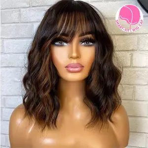 Jessie's Wig [Cathy] Smart-Fit Pull Go Glueless Wig Highlight Brown Loose Wavy Bob Wig With Bangs Glueless 13x5/6x5 Pre Cut Lace Human Hair Wig