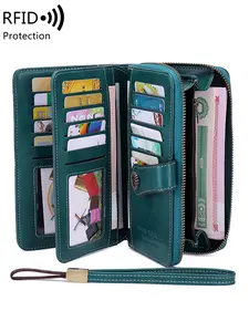 Women's Vintage PU Leather Long Wallet with Wristband, Multi-card Slot Long Clutch Purse with Flower Buckle, RFID Blocking Long Wallet for Daily Use, stylish wallet, Christmas Gift, Valentine's Day Gift, Ideal Gift