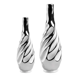 Ceramic Vase Set of 2, White with Silver, Modern Home Décor, Living Room For Dried Flowers Storage, 14x6x6 inches Decor Decoration
