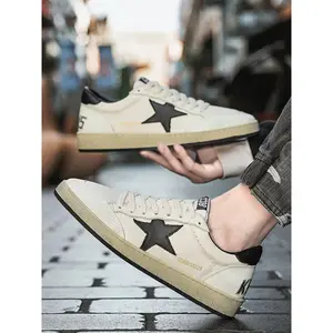 Men's Vintage Star Pattern Leather Sneakers, Breathable Mesh Design, Retro Board Shoes, Summer Footwear, Trendy Dirty Look Style, Casual