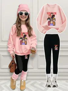 'Stranger Things' Girls Cartoon Print Set, Casual Fitted Pants & Sweatshirt, Comfortable Elastic Waist, Fall Winter, Ages 4-12, Fashion Clothes Set