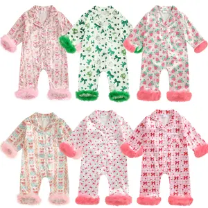 Infant Baby Girl Silk Stain Pajamas Feather Cuffs Romper  Jumpsuit Pjs Long Sleeve Lapel Button Down Nightgown