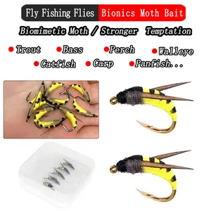 5Pcs/Box Realistic Yellow Moth Bait Fly For Trout Fishing Artificial Bionic Insect Moth Lure To Catch Salmon Trout Material Artificial Feather&Rayon