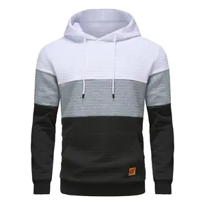 Men’s Sweatshirt, Long Sleeve Pullover, Patchwork Plaid Jacquard Hoodie, Casual Drawstring Hoody Top, Breathable Sportswear with Kangaroo Pocket & Adjustable Drawstring