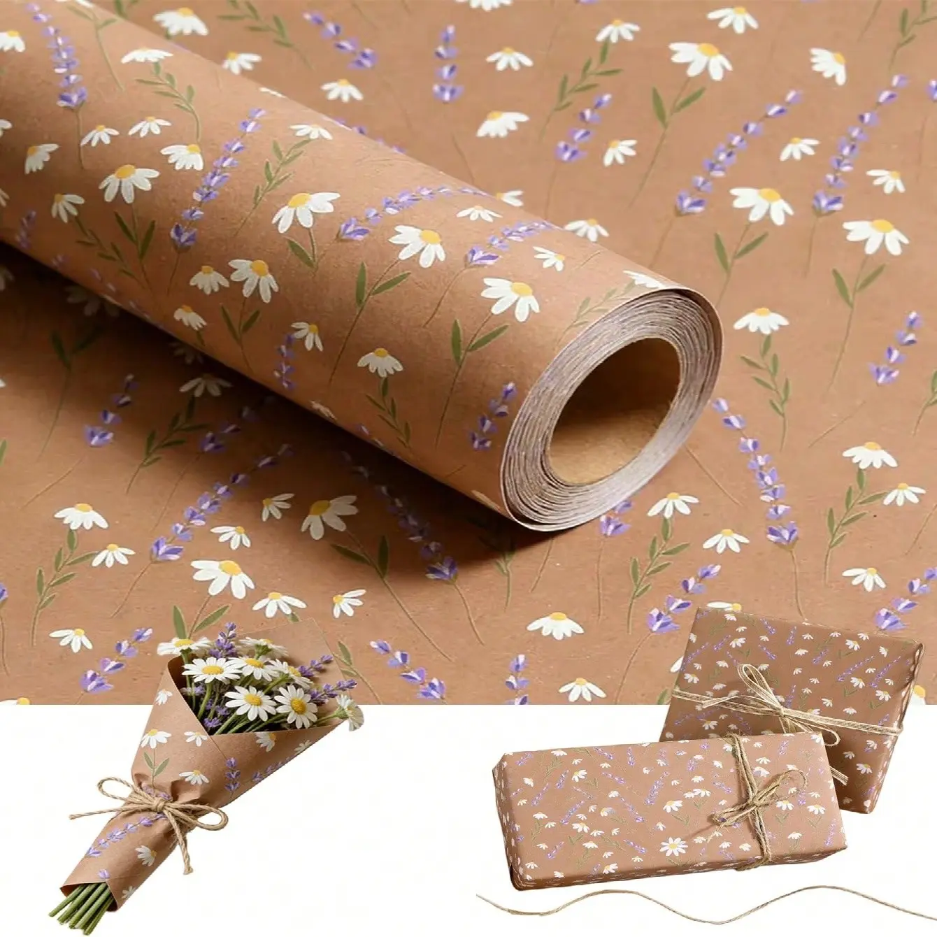 Natural Daisy & Lavender Gift Wrapping Paper, Gift Wrapping Supplies, Floral Kraft Paper Roll, 43cm X 3m, Ideal for Gifts, Weddings, Birthdays, DIY Crafts, Flower Wrapping Paper
