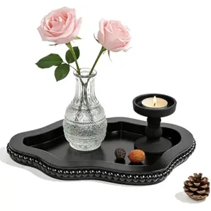 Cloud Wooden Decorative Tray with Bead,Small Beaded Tray Coffee Table Decor Large Vintage Cloud Storage Ottoman for Coffee Table, Dining Room and Living Room Black (Black)