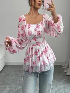 A women's elegant and stylish pink floral print shirt Blouse with a square neckline and waist-cinching design, suitable for spring and summer, outdoor, casual, and travel wear.