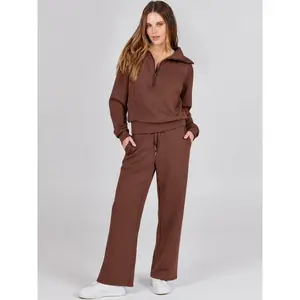 Two-piece Set Women's Solid Drop Shoulder Half Zip Up Sweatshirt & Wide Leg Pants, Casual Long Sleeve Collared Top & Pocket Trousers for Fall & Winter, Pants Suit Sets for Women, Women's Clothes for Daily Wear, Womenswear