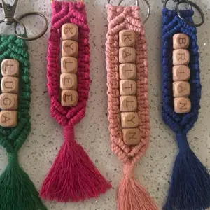Handmade Personalized Macrame Keychain Bag Charm with Custom Letter Beads and Colorful Tassels for Unique Accessory