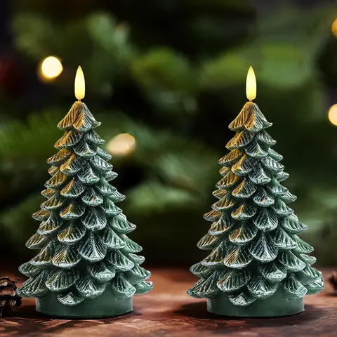 Homemory Classic Tree-Shape Flameless LED Candles, 2-Pack 8.5" Tree Décor Waxy Green Electric Candles with 6-Hour Timer, 4 Inches Thickest Battery-Operated for Cozy Little Christmas, Christmas Bedroom Decor, House Decor