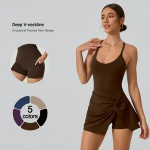 TimeOFF Women's Solid Color Cross-Back Tank Romper & Sports Skirt Set , Yoga, Gym & Tennis-Ready , Fashion Stretch Fabric, Summer Athletic Wear – Cheerleader Style Workout Running Clothes Sporty Lace Up Fitness Clothes Sportswear