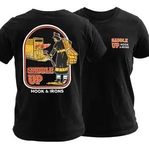 Saddle Up Firefighter T Shirt, Vintage Hook and Irons Co Cartoon Graphic Tee, Soft Cotton Blend Shirt, Firehouse Workwear Apparel, Funny Firefighter Gift for Men