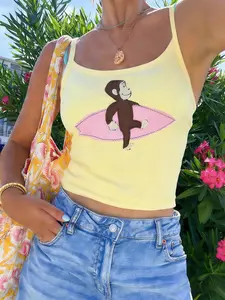 Women's Yellow Cartoon Monkey Surf Graphic Cami Top, Cute Y2K Style Spaghetti Strap Fitted Cropped Top, Perfect For Vacation And Streetwear Outfits