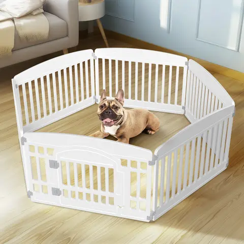 Sweetcrispy 4 Panels 24in Durable Blow-Molded Plastic Dog Playpen Enclosure - Expandable, Secure Locking Door, Suction-Cup Hold, Easy Entry and Exit, Portable Indoor/Outdoor Exercise Pen for Medium Dogs/Puppies