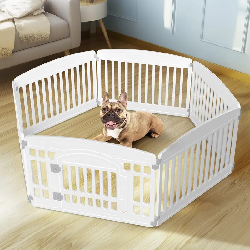 Sweetcrispy 4 Panels 24in Durable Blow-Molded Plastic Dog Playpen Enclosure - Expandable, Secure Locking Door, Suction-Cup Hold, Easy Entry and Exit, Portable Indoor/Outdoor Exercise Pen for Medium Dogs/Puppies