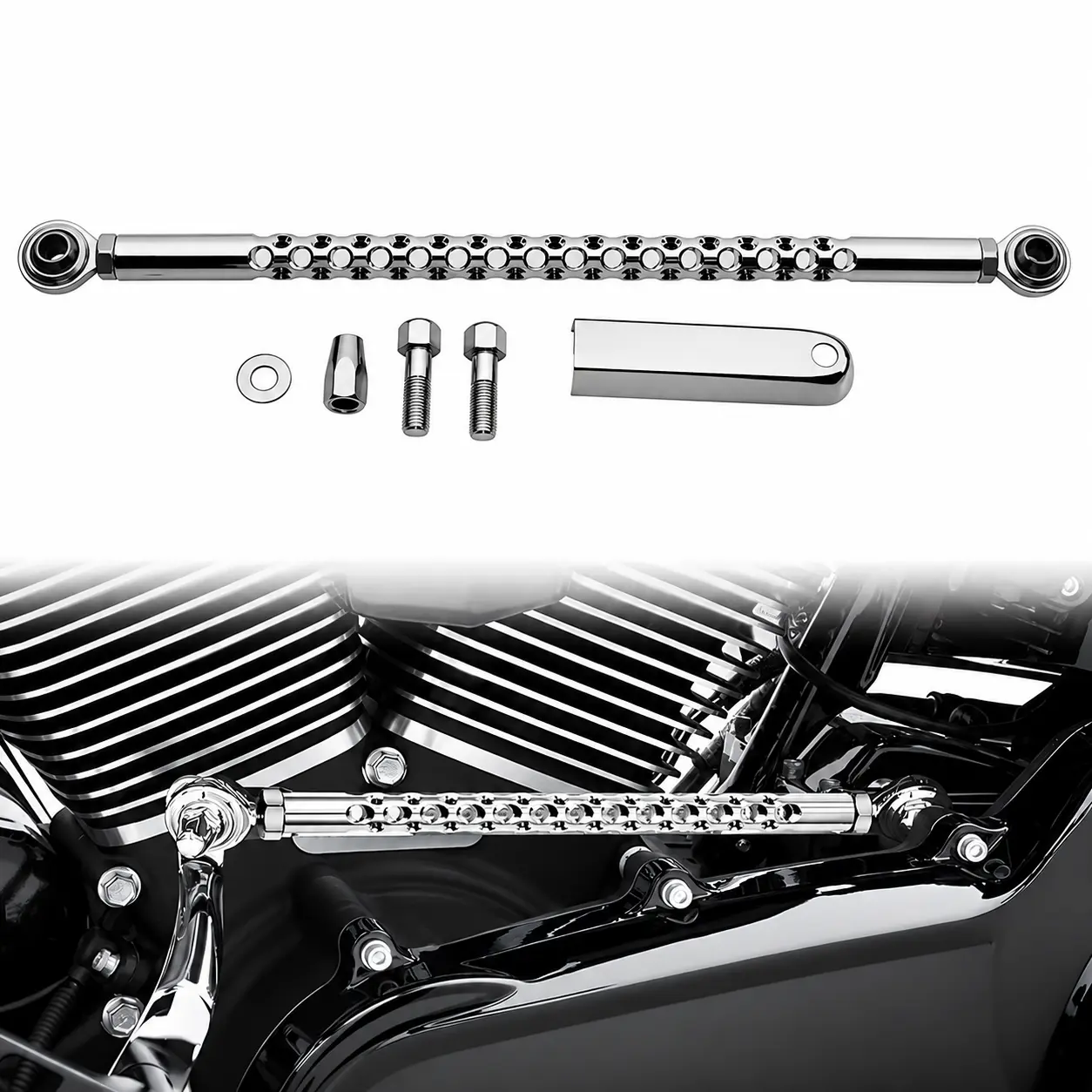 Chrome Slotted Gear Shift Linkage Rod for Harley Electra Glide Road Glide Street Glide Road King Tour Glide Trike Softail Dyna Wide Glide 1980-2017, 295mm Billet Aluminum Adjustable Motorcycle Shifter Link Assembly with Mounting Bracket and Bolts