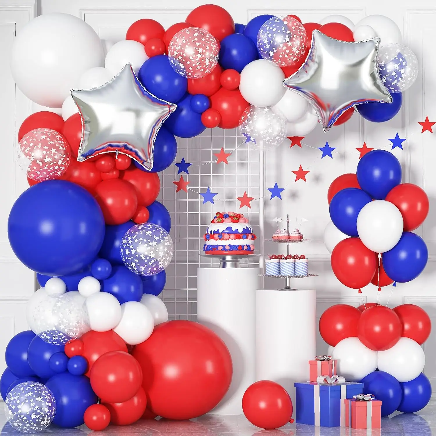 Red White and Blue Balloon Garland Arch Kit - 141 Pcs 4th of July Balloons Arch Kit for Patriotic Birthday Nautical Baseball Graduation Theme Decorations with Star Foil Balloons