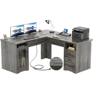Unikito L Shaped Desk with Drawers, 60 Inch Corner Computer Desks with USB Charging Port and Power Outlet, Large 2 Person Home Office Table with File Cabinet