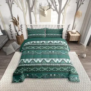 Green Aztec Bedding Set,Bohemian Western Comforter Set,Rustic American Native Quilt,Southwestern Country Geometric Abstract Arrow Down Comforter