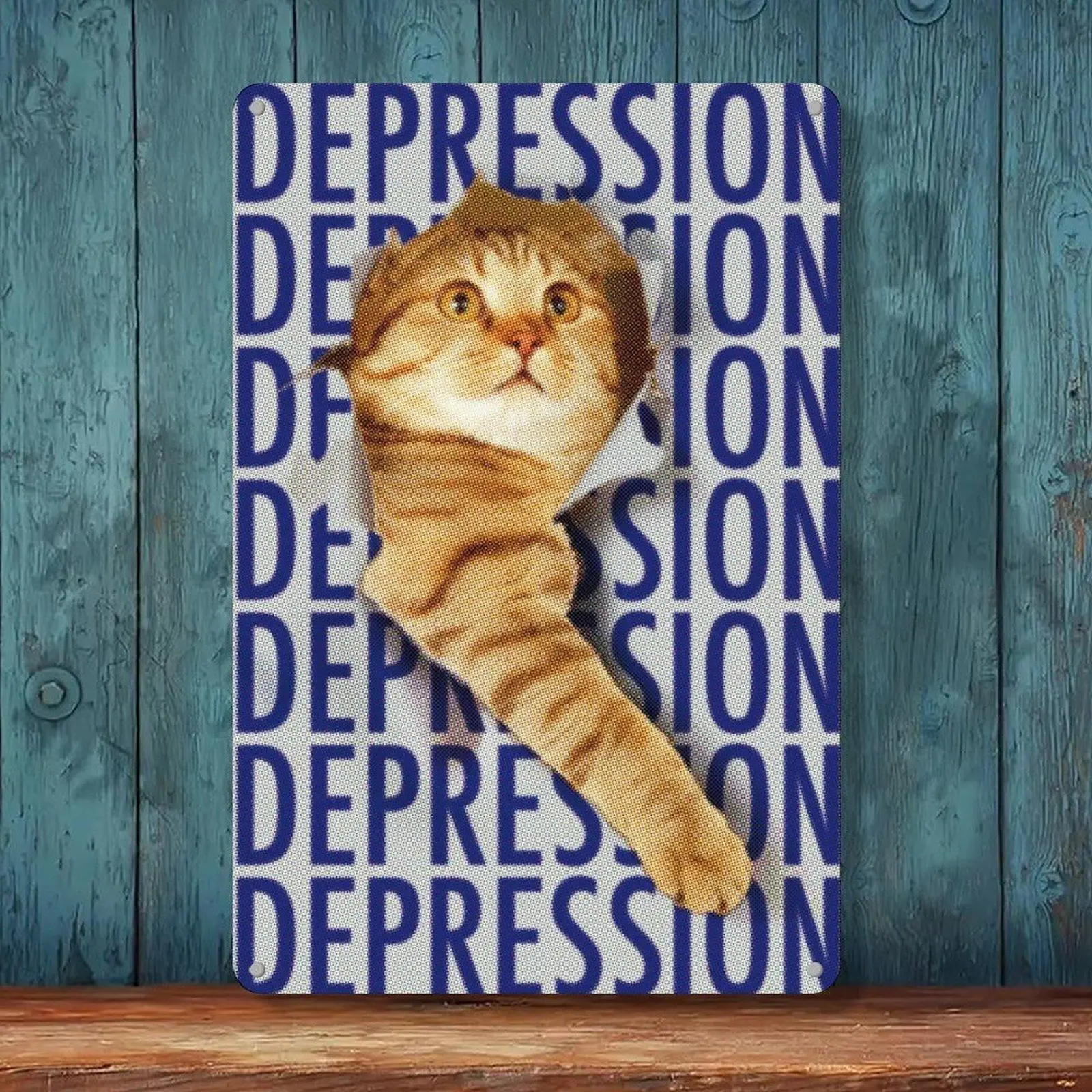 Depression Meme Long Cat Halftone Retro Poster Tin Sign 8x12in Funny Room Wall Decor Metal Tin Sign