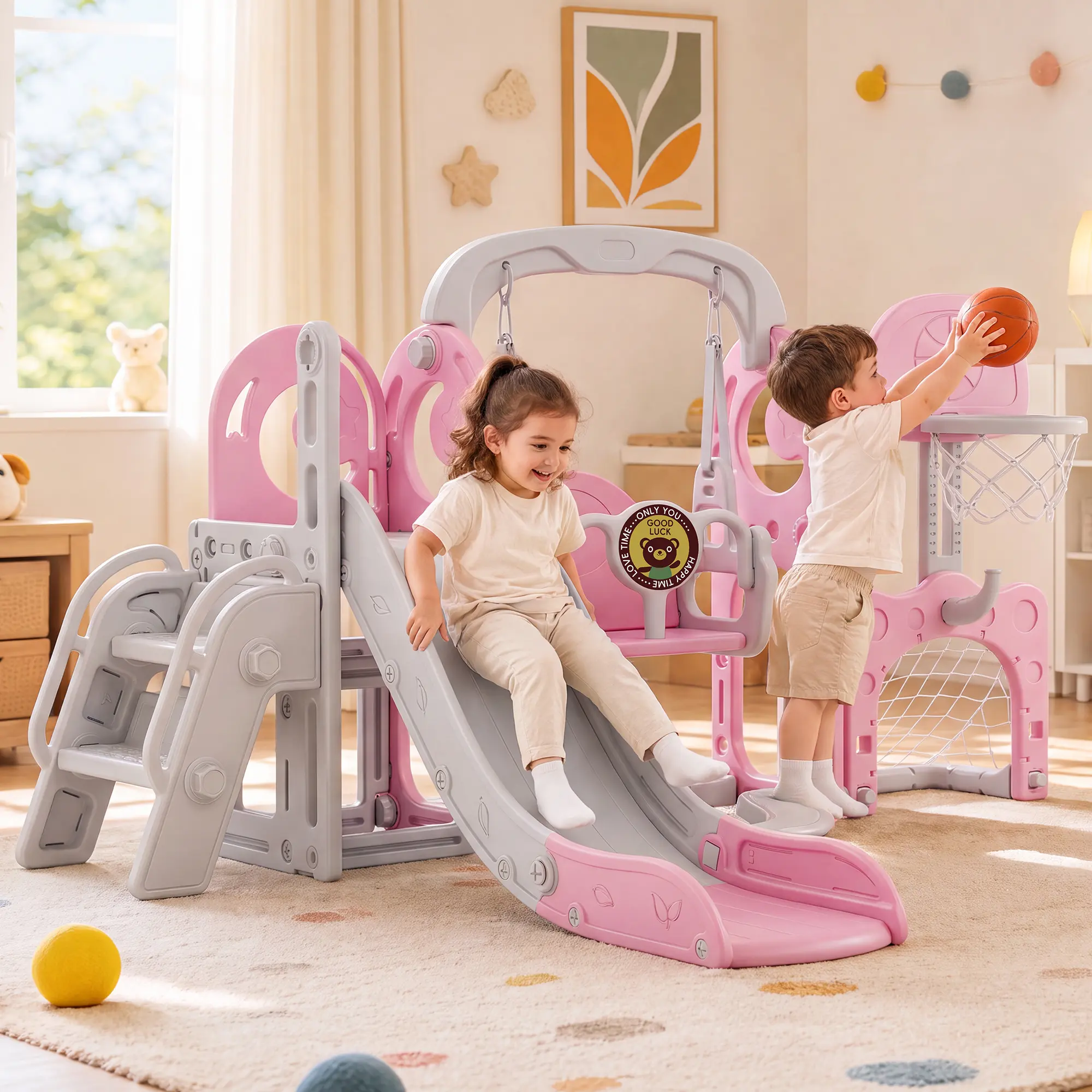 Plastic 5-in-1 Multi-Use Toddler Toys Slide and Swing Set - Anti-Slip Climber Stairs, Basketball Hoop, Soccer Goal, Ring Toss for Indoor Outdoor Backyard Outdoor Fun
