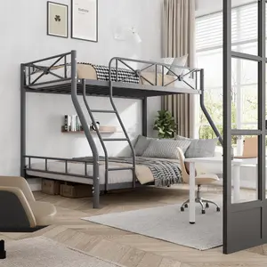 Metal Bunk Bed Twin Over Full, Modern Heavy Duty Bunkbeds with Safety Guard Rails & Space-Saving Design, Steel Twin Bunk Beds for School, Bedroom, Grey/White/Black(2 Packages)