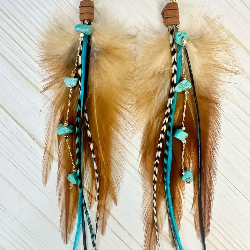 Lainey Turquoise and Brown Feather Earrings  with Turquoise Chain, 8-in Length Stylish Jewelry
