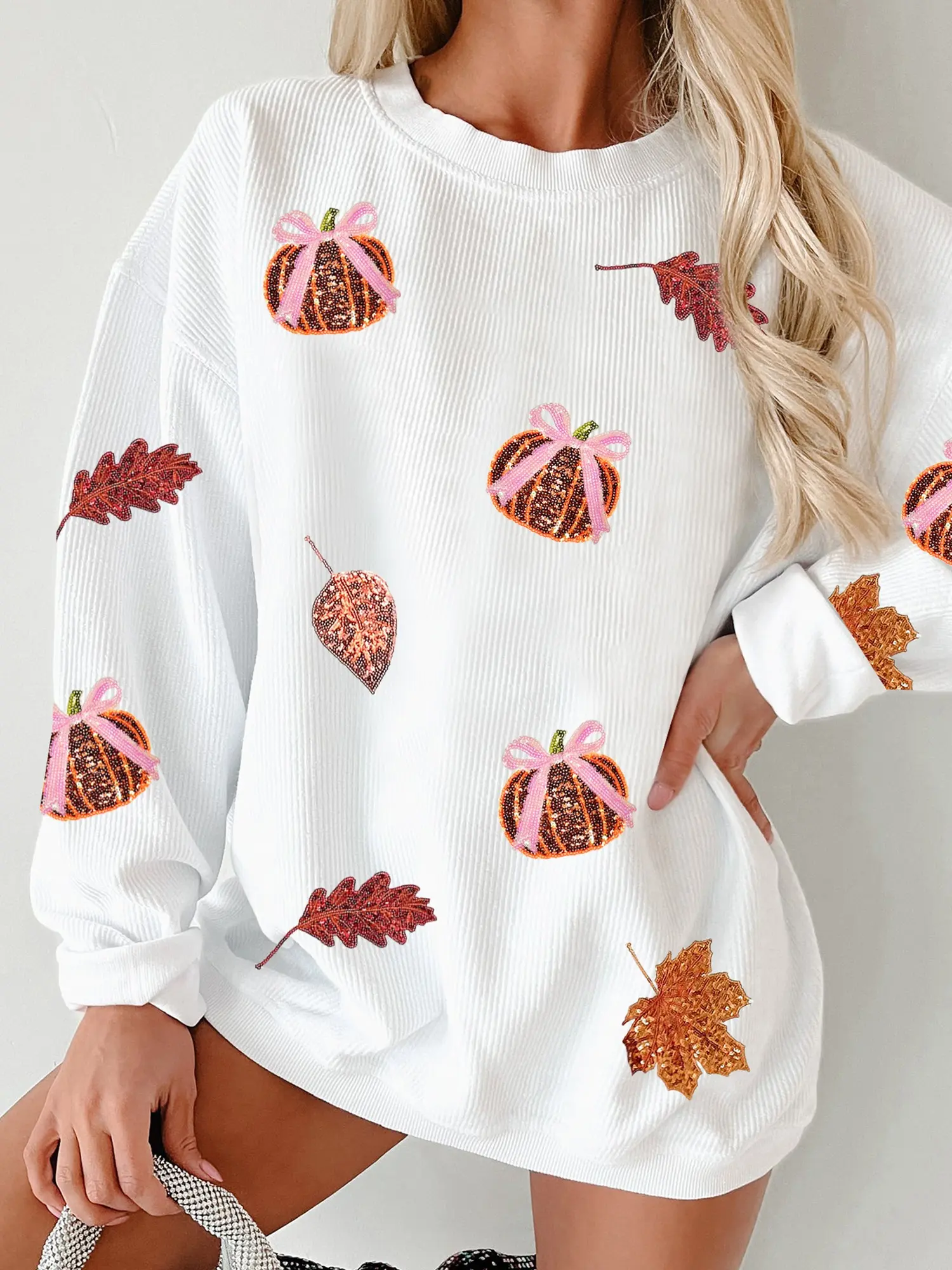 Phefee Women's Oversized Fall Sweatshirt Sequin Pumpkin Leaf Graphic Corded Ribbed Crewneck Long Sleeve Pullover Tops Womenswear Hoodie Casual Everyday Jeans Leggings Style Fits