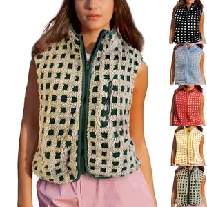 SCUSTY Women's Plaid Sherpa-Lined Winter Vest Sleeveless Fleece Jacket with High Neck, Zip-Up & Chest Pocket