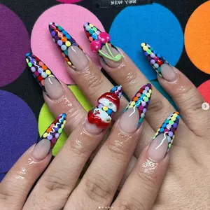 Candy Pop French Nails with Colorful Dot Tips, 3D Cherries & Ice Cream – Bright Kawaii Design for Sweet & Y2K-Inspired Vibes