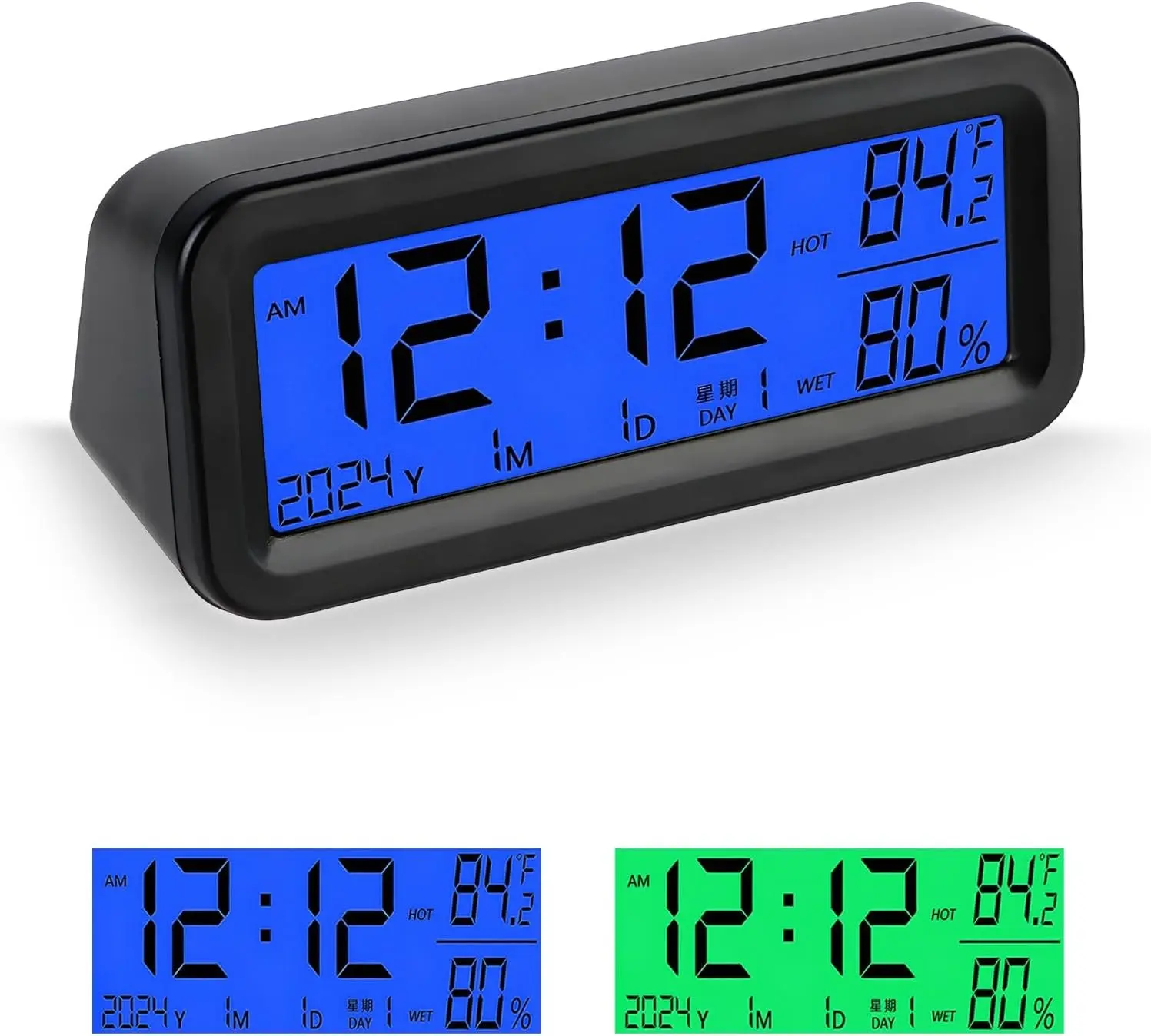 Car Digital Dashboard Clock & Desk Watch, Solar Power Rechargeable with Night Backlight, Day/Date/Temperature Display for Vehicle Home Bedroom Office