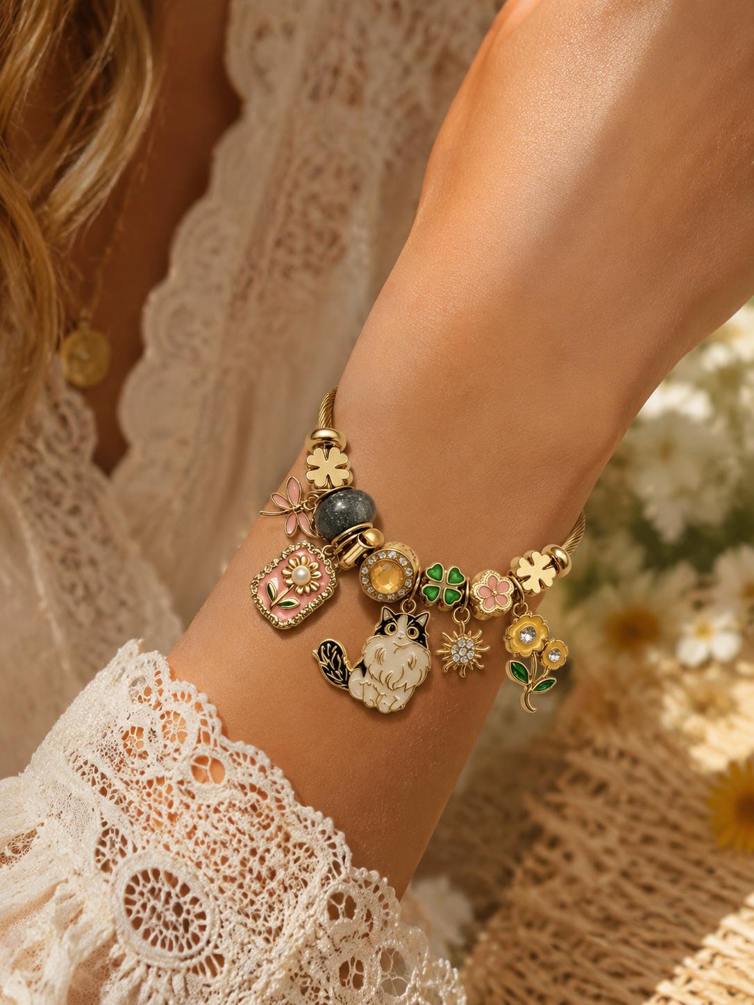 Women's Adjustable Gold-Plated Cat Charm Bangle - Enamel Flower, 4-Leaf Clover, Twisted Cable Wire, Dangle Bead Costume Jewelry Gift Women's Adjustable Gold-Plated Cat Charm Bangle - Enamel Flower, 4-Leaf Clover, Twisted Cable Wire, Dangle Bead Costume Jewelry Gift