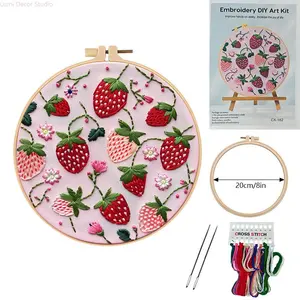Fruit Pattern Embroidery DIY Art Kit Set – 8 Inch Hoop Included, Pre-Printed Fabric, Full Supplies for Beginners, Multiple Designs (Strawberry, Orange, Cherry, Watermelon) for Home Decor