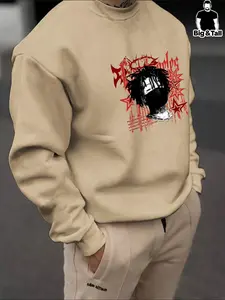 【Plus Size】 Figure Print Drop Shoulder Sweatshirt, Regular Fit Casual Long Sleeve Round Neck Pullover for Fall & Winter, Men's Clothing for Daily Wear