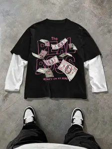 Fall outfits,Men's Fall Preppy Style Long Sleeve Shirt, Unique Visual Layers Design, Trendy Graphics for Casual & Party Wear, Casual Style Tee