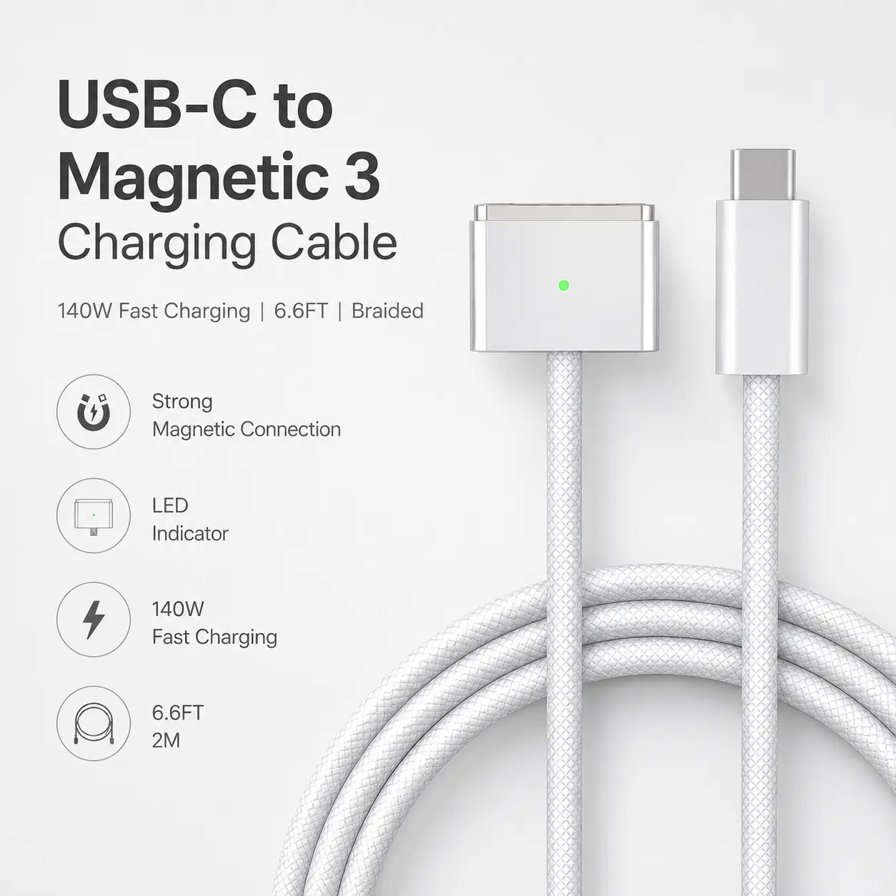 Strong Magnetic 3 Charging Cable for MacBook Pro/Air, 140W PD Fast Charge, USB-C Magnetic Charger Cord, Premium Braided Design, 6.6FT Long Cable Tablet Computer Electronic Computer.A great gift choice m3 Usb C Powered
