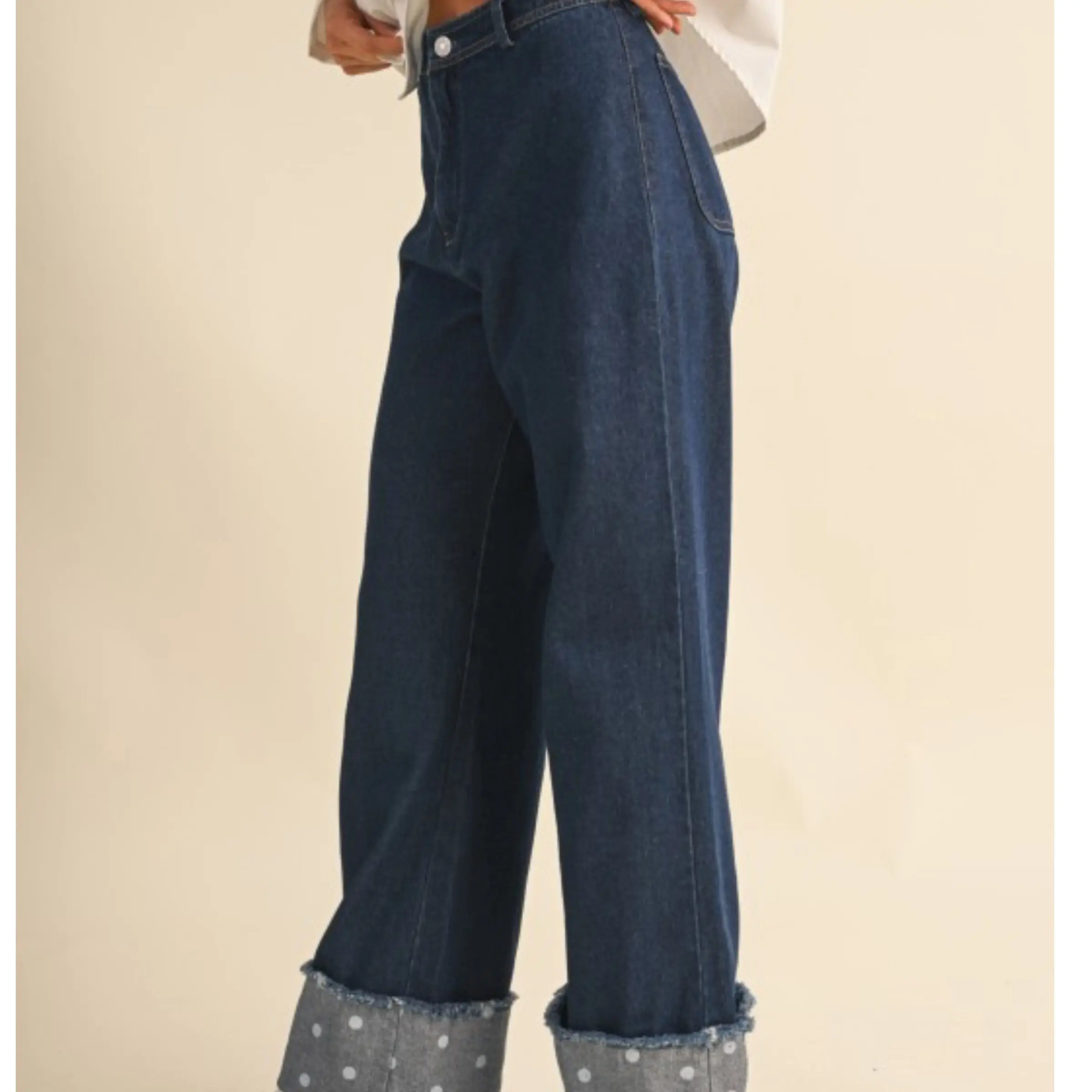Sydnee Polka Dot Folded Hem Wide Denim Jeans
